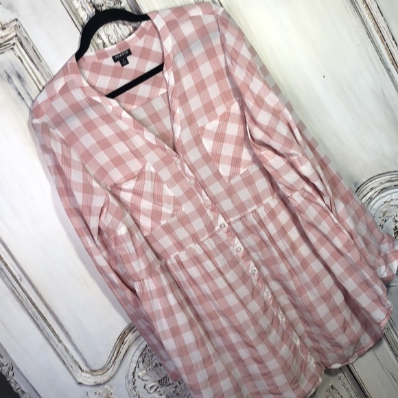 TORRID Dusty Pink and White Plaid Long Sleeve Babydoll Button Down Top Size 2 - Picture 2 of 10